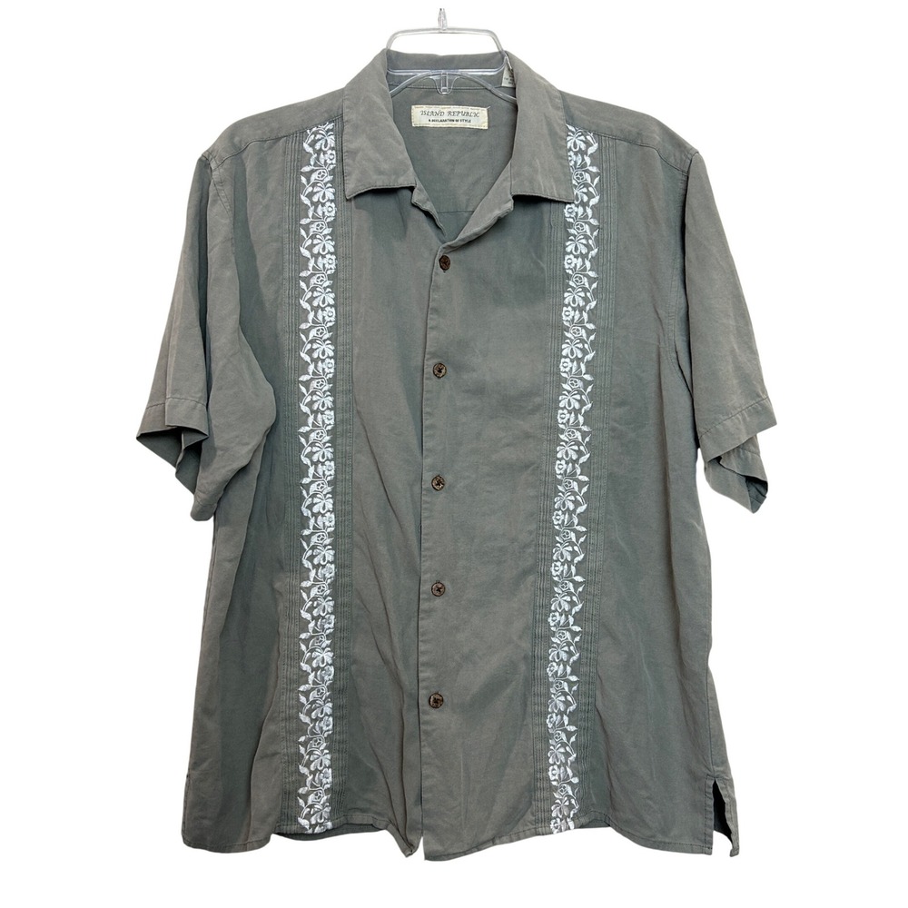 Vintage Silk Guayabera Shirt Mens L Gray Floral Embroidered Resortwear Coastal